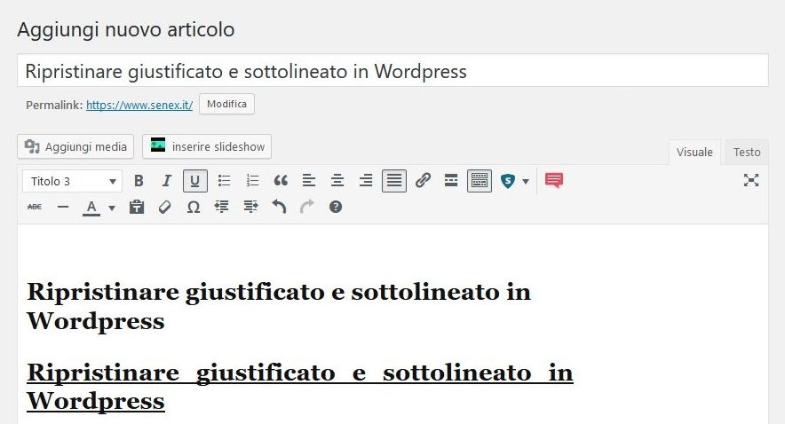 giustificato e sottolineato